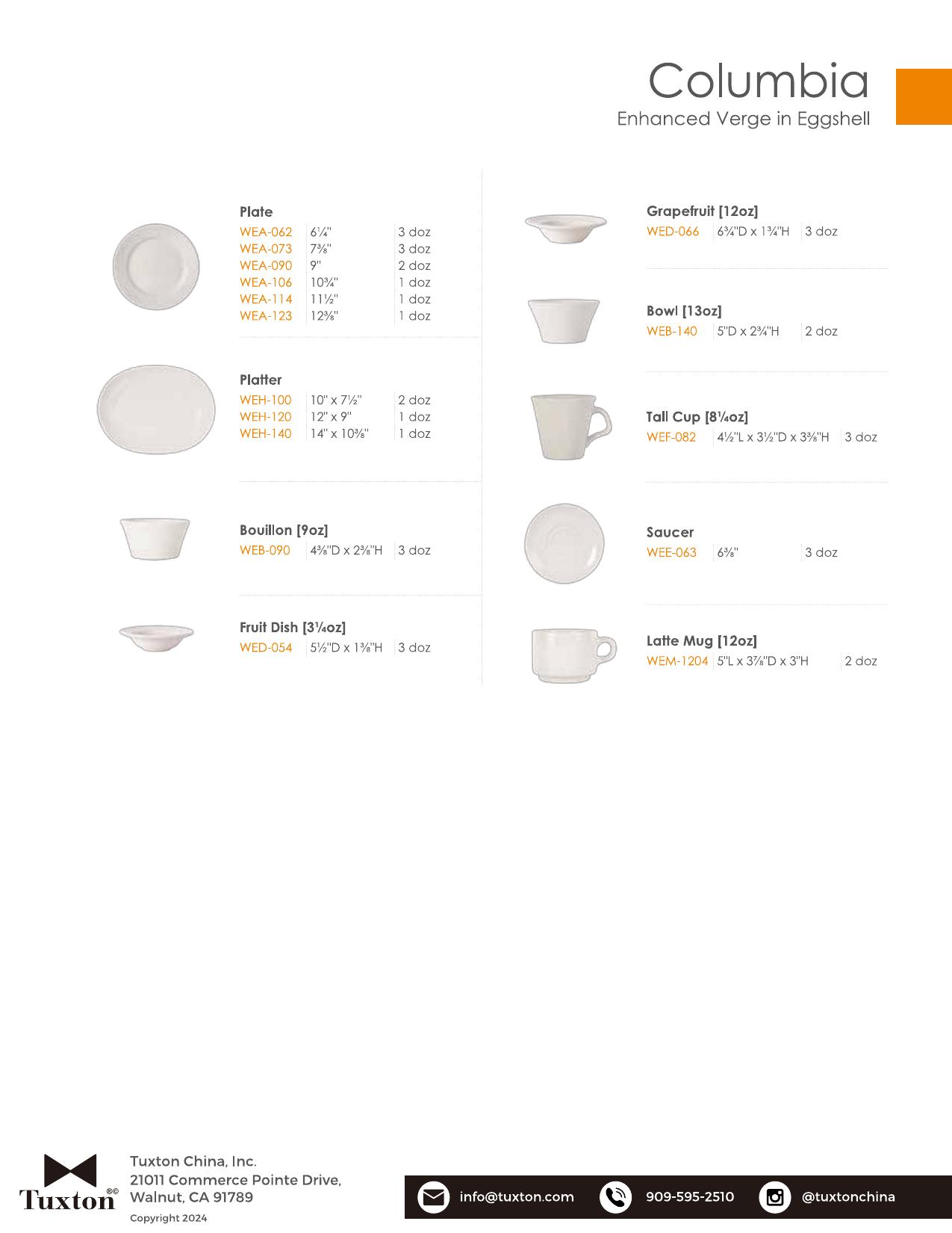 Columbia — product & SKU sheet
