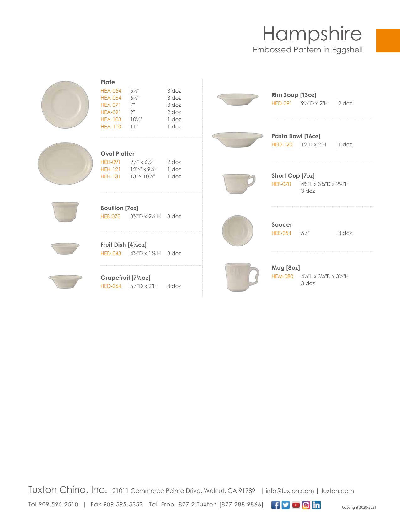 Hampshire — product & SKU sheet