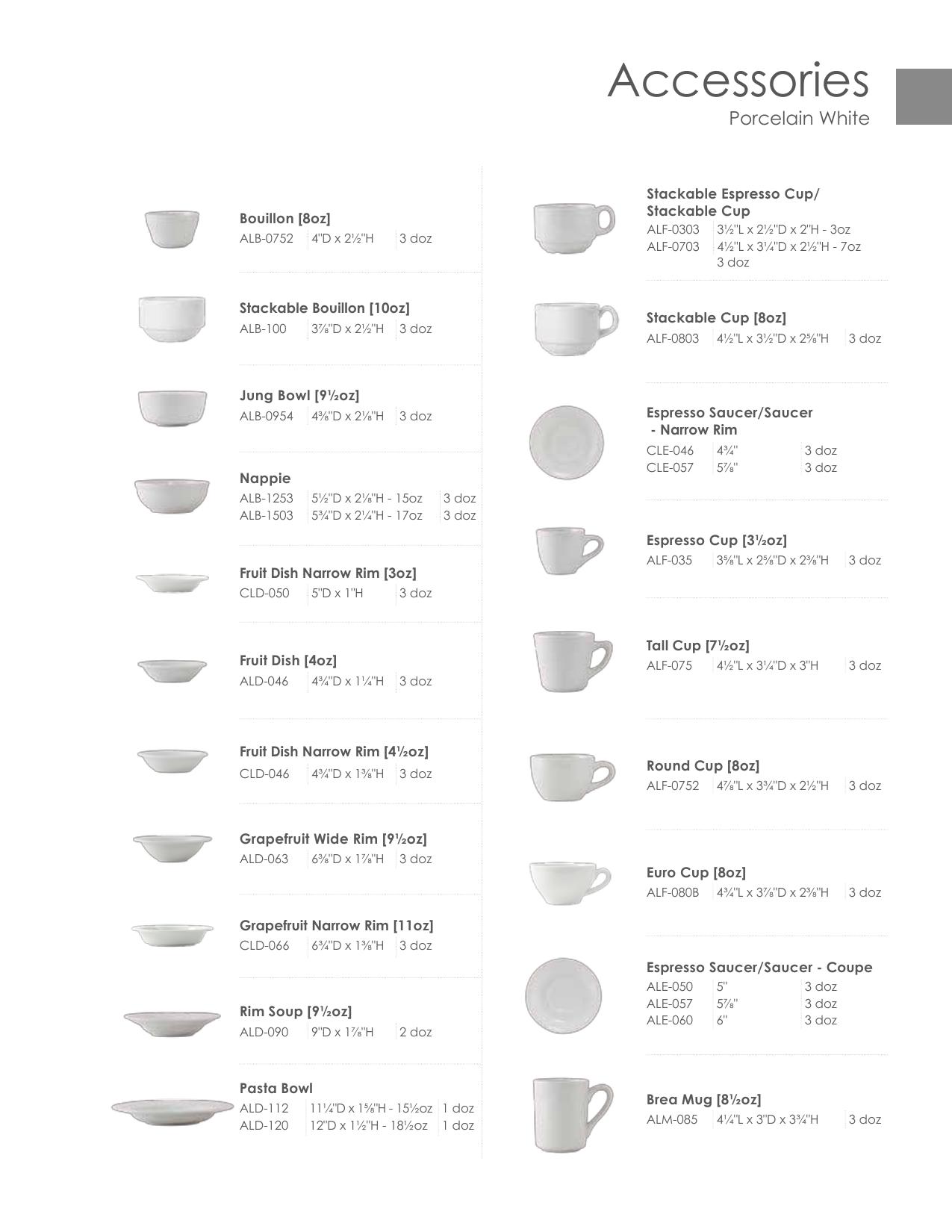 Porcelain White Accessories — product & SKU sheet