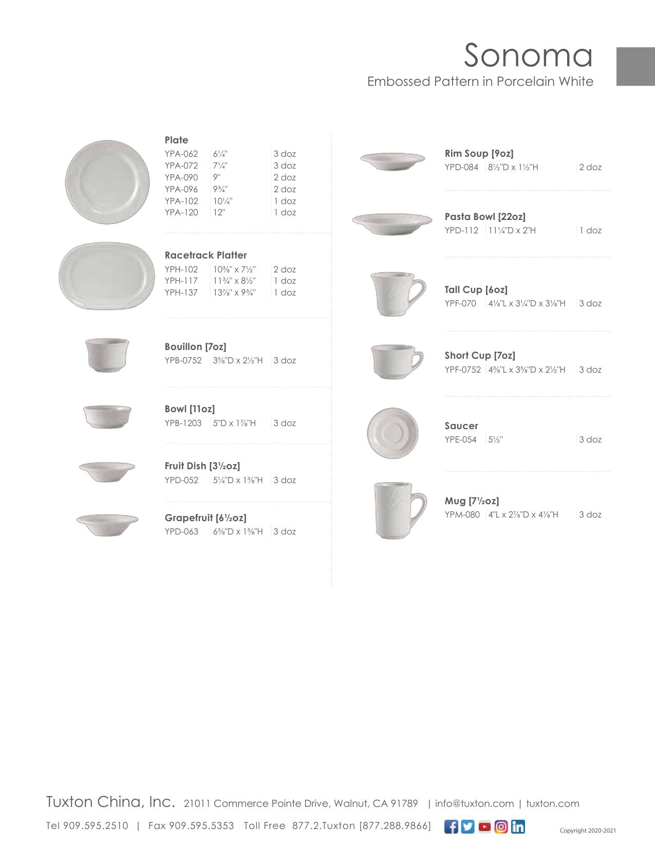 Sonoma — product & SKU sheet