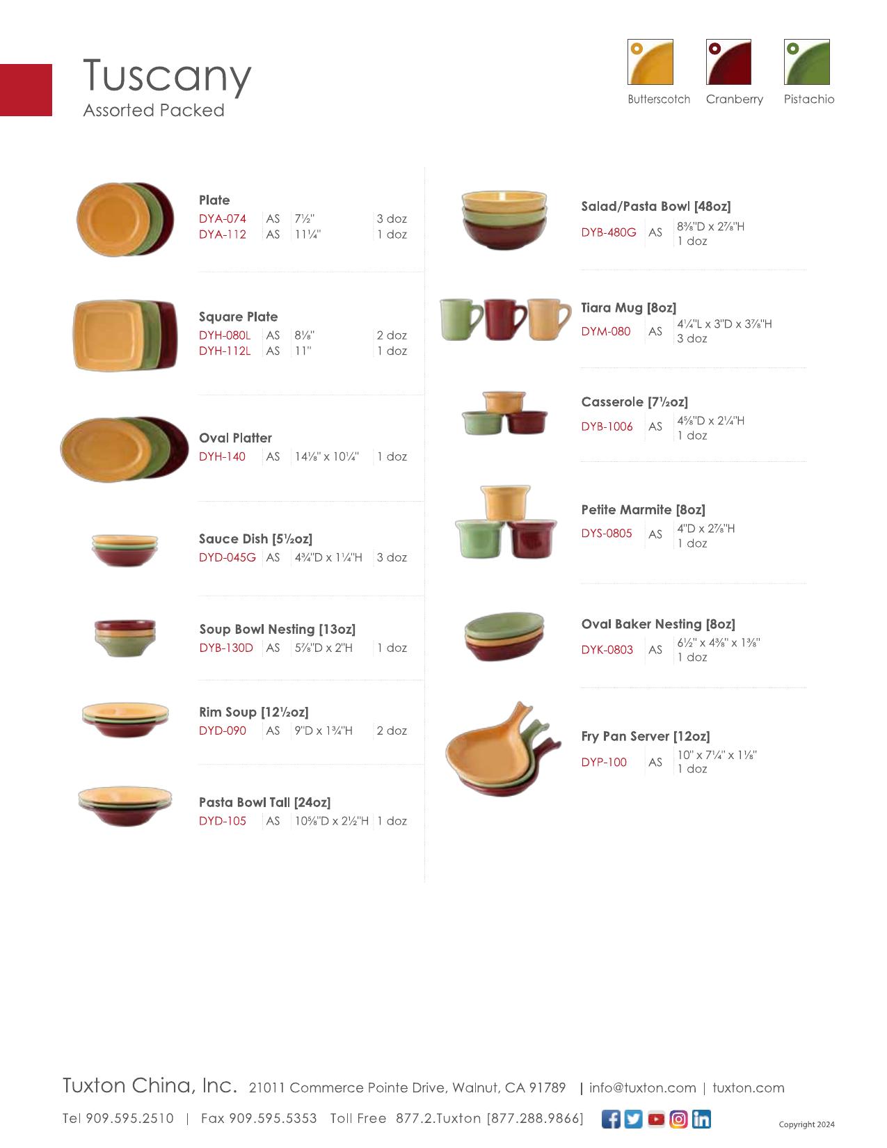 Tuscany — product & SKU sheet